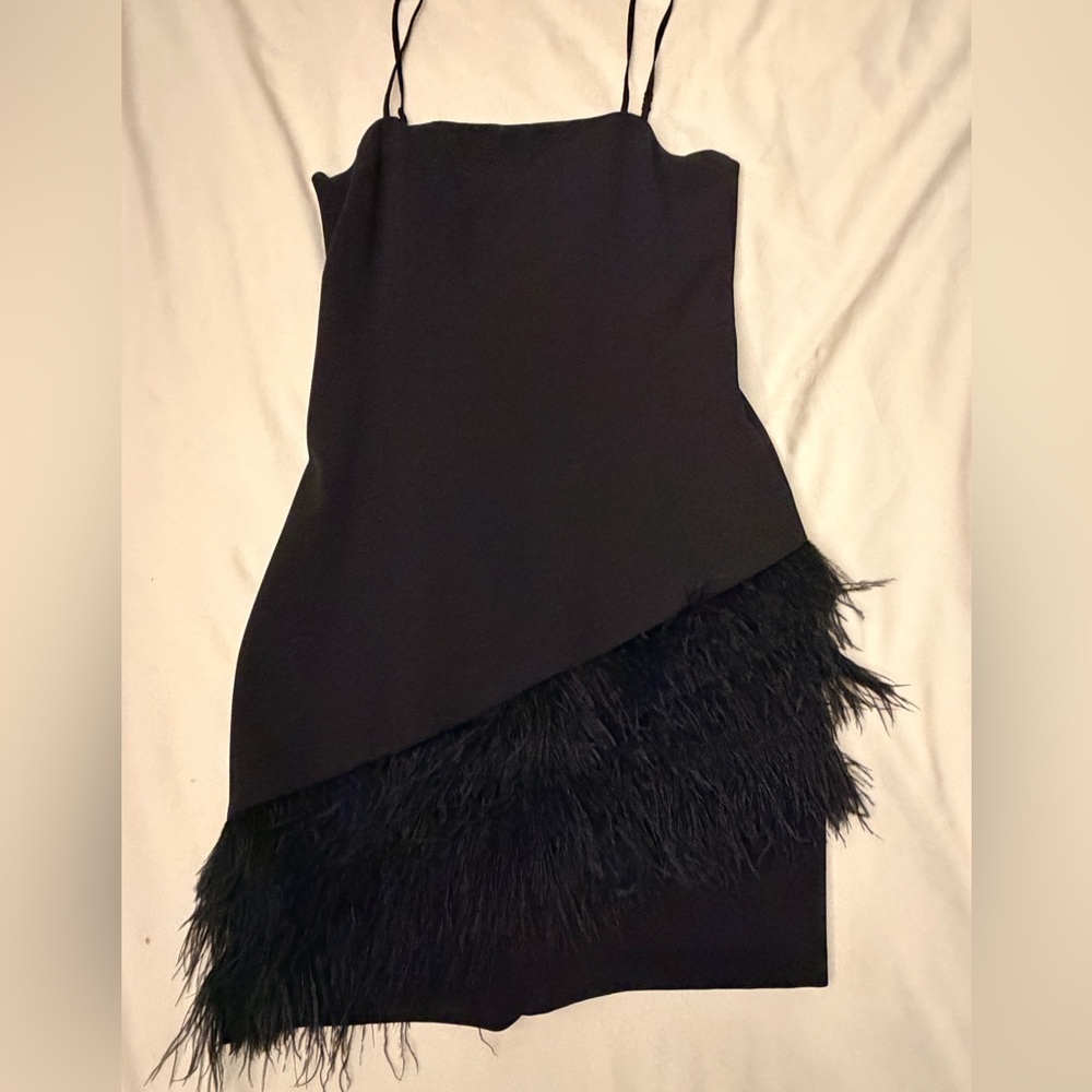 Parker Elegant Black Asymmetrical Dress with Feather Detail
